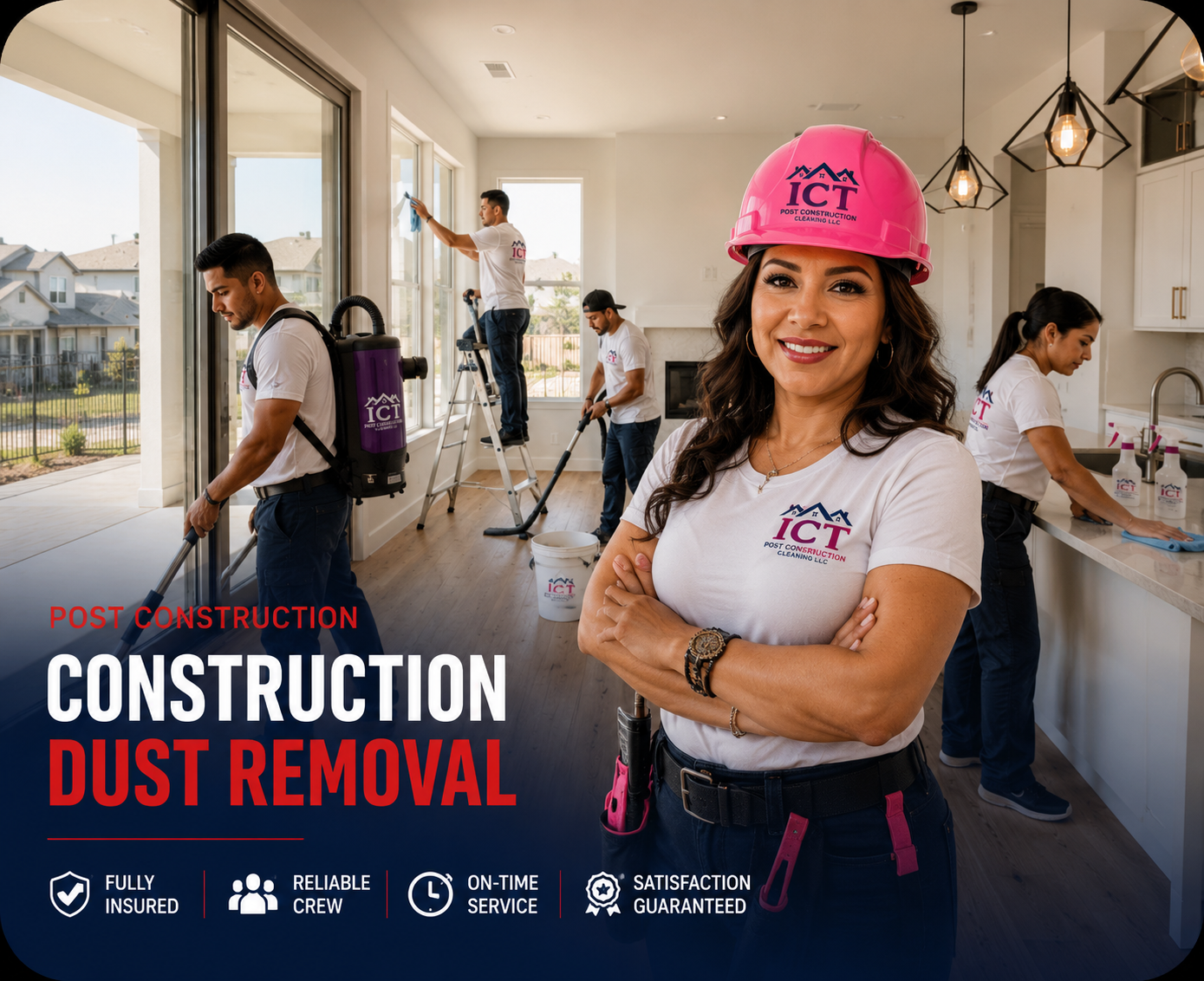 ICT Post Construction Cleaning owner in a pink hard hat with her crew cleaning a luxury Wichita home
